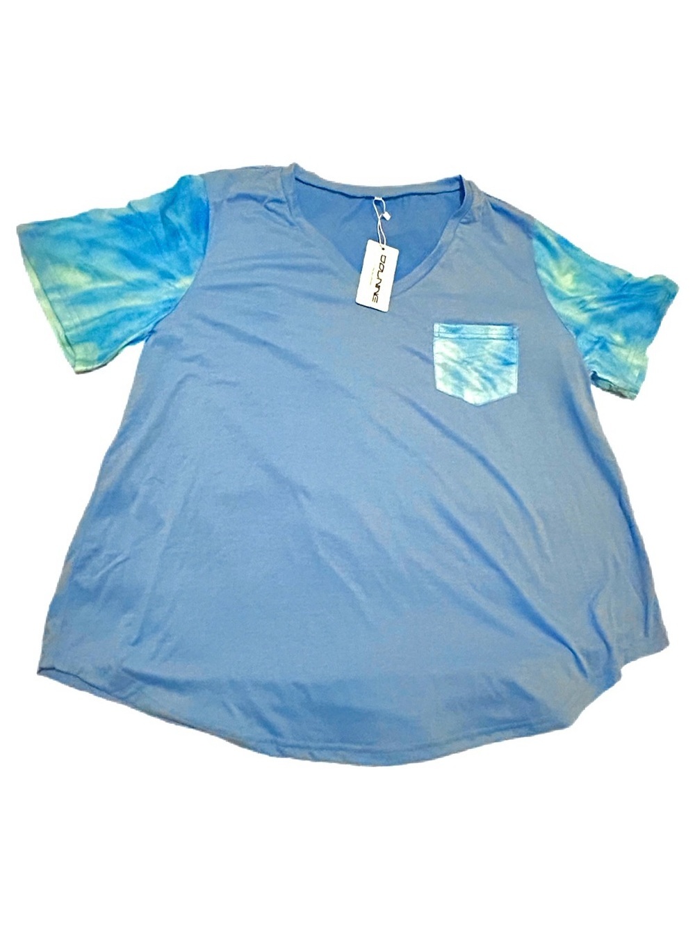 Blue Tie-Dye V-Neck Sleeve Pocket Tee New Plus Size